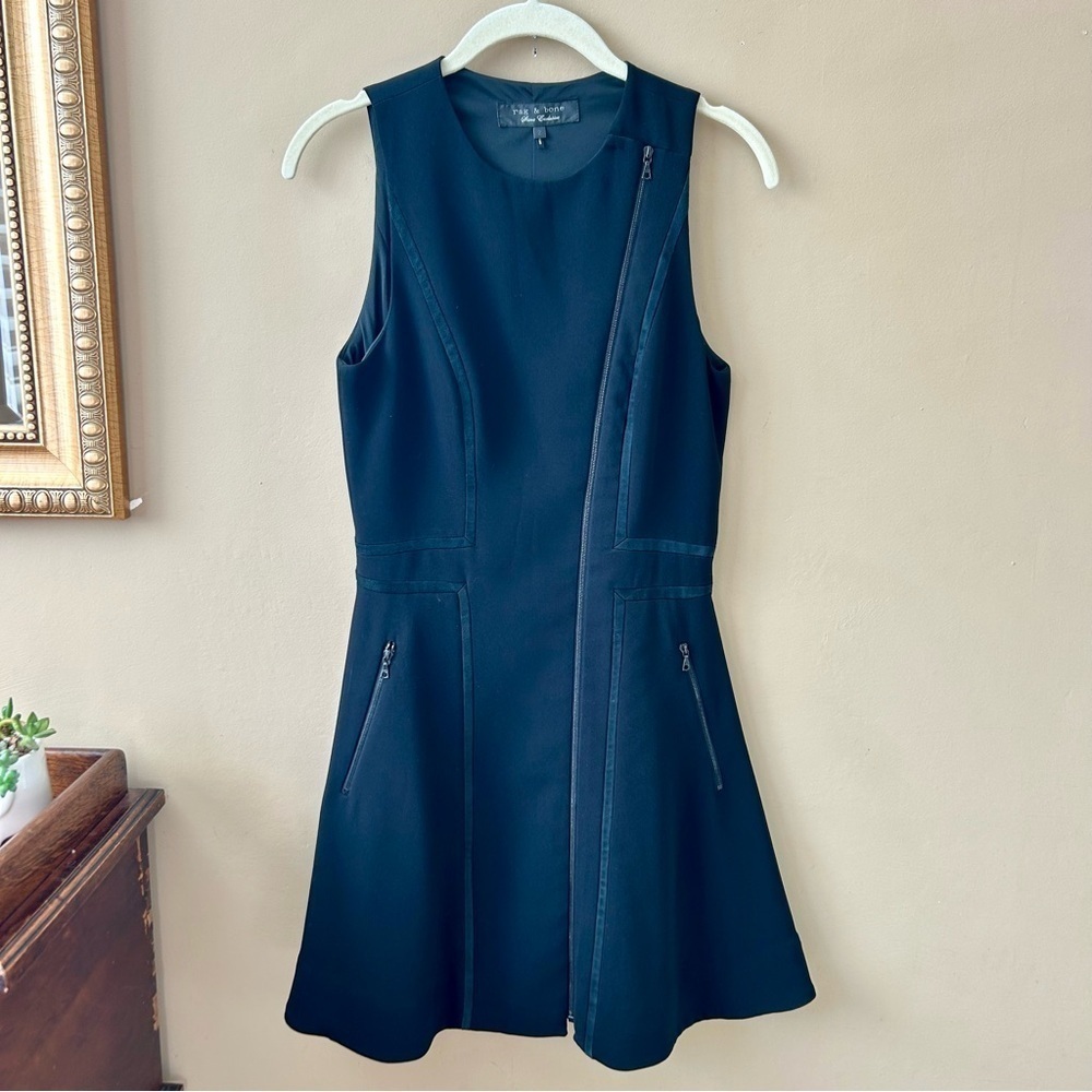 Rag & Bone Rae Mini Dress Leather Trim Black Sleeveless Asymmetrical Size 2